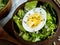 Salad of lettuce leaves and eggs in wooden bowls seeds cumin loaves Dark background