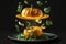 Salad with levitating pumpkin. Digital art. AI generation