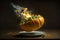 Salad with levitating pumpkin. Digital art. AI generation