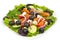 Salad, olives, basil, onion, tomato and mozzarella