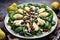 Salad of pear, spinach, grape, pecan and gorgonzola cheese with lemon dressing in white plate. Top view. Generative AI