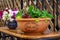 salad plants grown in upcycled recycled salad bowl outside in garden on repurposed shelf