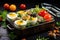 Salad with quail eggs, Healthy lunch box with quail eggs, quail eggs and vegetables, AI Generated