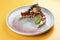 Salad with quinoa, fresh tuna, crispy cream yolk and white cream cheese mousse