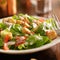 Salad with ranch dressing, tomatoes, onions, and croutons