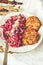 Salad with red cabbage, carrots and beetroot with cutlets of beans