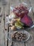 Salad roast beetroot, liver, nuts and pickles. Home kitchen. Wooden ancient background