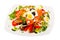 Salad with salmon, fresh tomato, cucumber and quail eggs at plate