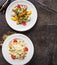 Salad Set with Fried Chicken and Caesar Salat Top View