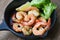 Salad shrimp grilled delicious seasoning spices on bowl - appetizing cooked shrimps baked prawns , Seafood shelfish with lemon and