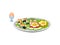 Salad of shrimps and vegetables on the same plate with fried egg in rings of sweet pepper. Vector illustration on white