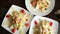 Salad top view. Plates on table. Food photography concept. Healthy diet. Banner size