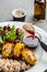 Salad turkey meat and fresh vegetable grilled corn and sauce. Delicious balanced food concept, banner, menu, recipe place for text