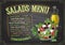 Salads menu chalkboard design, hand drawn illustration with greek salad