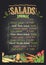 Salads menu list chalkboard design with vegetables