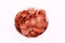Salami chips, meat snacks in a bowl, isolated. Salami slices, top view, close-up. Packshot photo for package design.