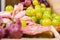 Salami, mortadella, yellow and red muscat grape