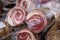 Salami pancetta and lard pork processed for the seasoning of Parma italy