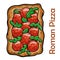 Salami pizza, bell pepper, rucola, kalamata, pesto, parmesan. Roman pizza rectangular on white background