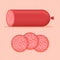 Salami sausage and slices. Vector illustration.