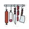Salami sausages and knives hanging from rail isolated vector illustration