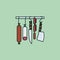 Salami sausages and knives hanging from rail vector illustration