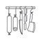 Salami sausages and knives hanging from rail vector line icon