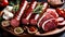 salami sausages, spices and meat products in a wooden tray, Free space for text,