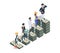 Salary difference. Wage professionals, isometric cash money stacks. Gap or inequality vector concept