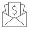 Salary in envelope thin line icon, Black bookkeeping concept, Give black salary sign on white background, Wages in