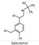 Salbutamol, albuterol molecule. It is a short-acting agonist used in the treatment of asthma and COPD. Skeletal chemical formula