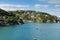 Salcome estuary Devon UK with boats and blue sky and houses