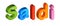 Saldi, 3d rendering of italian word for sale, creative alphabet, multicolored text on White background