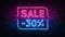 Sale 30% off neon sign. purple and blue glow. neon text. Brick wall lit by neon lamps. Night lighting on the wall. 3d illustration
