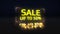 Sale 50% off glitch banner. Yellow neon discount offer price tag