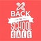 Sale back to school label white color on red checkered background. School shopping.