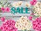 Sale banner with hydrangeas watercolor background Vector. Delicate colorful spring floral decors