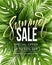 Sale banner, poster with palm leaves, jungle leaf and handwriting lettering. Floral tropical summer background. Vector