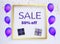 Sale banner with purple shaped balloons, box gift with ribbons, gold confetti. Template for the decoration presentation, placards,