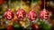 Sale banner on red Christmas balls with round snow flake on gold bokeh background. 4K