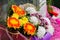 The sale of bouquets of flowers at a street market