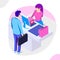 Sale, consumerism and people concept. Man shop online using smartphone. Landing page template. 3d vector isometric illustration