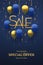 Sale design banner template. Hanging Golden metallic Sale letters with 3D festive helium balloons and falling confetti on blue