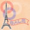 Sale. Eiffel Tower. Fireworks. Tape with text