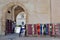 Sale of handmade textiles in the streets of Morocco