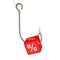 Sale Lure Concept. Red Cube with Percent Symbol Cutched by Fishing Hook. 3d Rendering