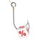 Sale Lure Concept. White Cube with Percent Symbol Cutched by Fishing Hook. 3d Rendering