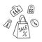 Sale package and labels hand-drawn doodle,packet for shopping with discount tags sketch style.Simple buying concept design drawing