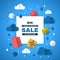 Sale Poster Of Monsoon Season. Creative Sale Banner with Colorful cloud, umbrella, gift box and package. web banner for special