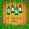 Sale poster of Saint Patrick`s day with shamrock on wooden background and hanging green tags. Vector illustration